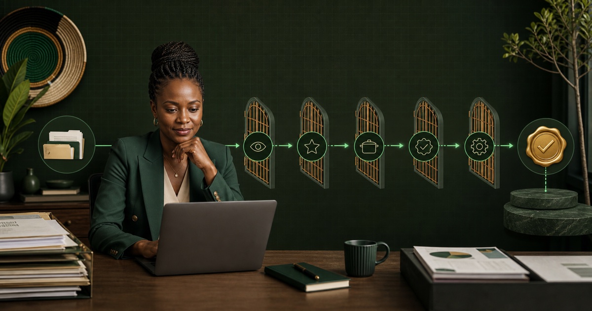 A finance manager reviewing an AI agent's proposed ERP action through five permission gates.