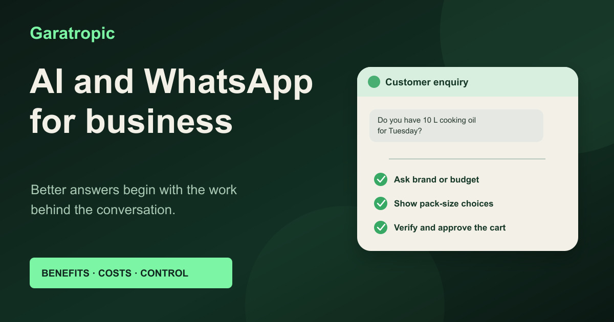 A customer WhatsApp enquiry followed by checks against current records, visible uncertainty and human approval.