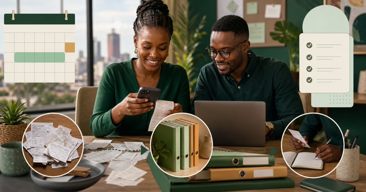 Two Kenyan business professionals turning scattered receipts into a calm weekly collection and review routine.
