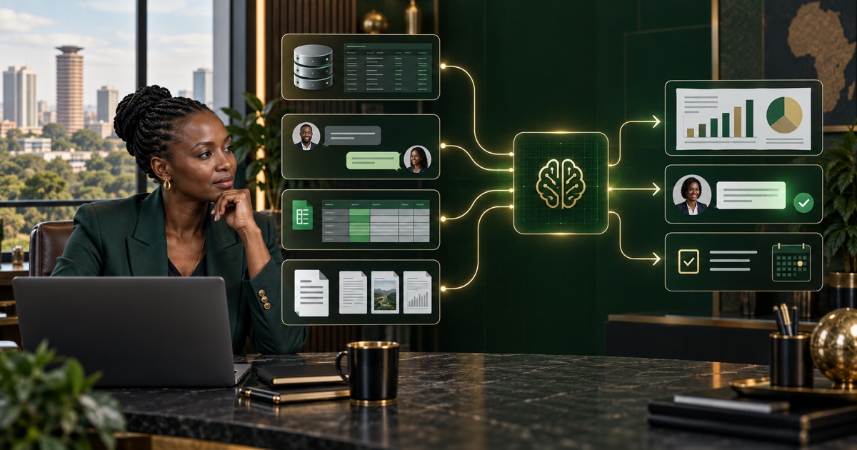 A business leader turns approved records, conversations, spreadsheets and documents into useful reports and actions.
