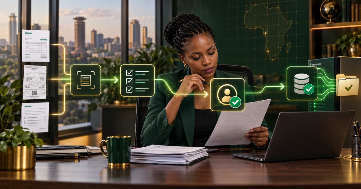 An operations manager reviews documents at the human approval point in a controlled automated workflow.