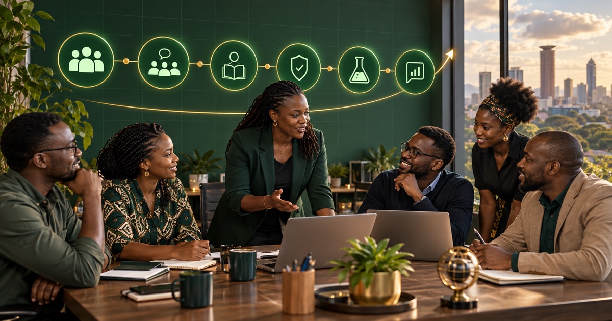 A team plans a people-centred AI introduction through consultation, training, safeguards, a pilot and feedback.