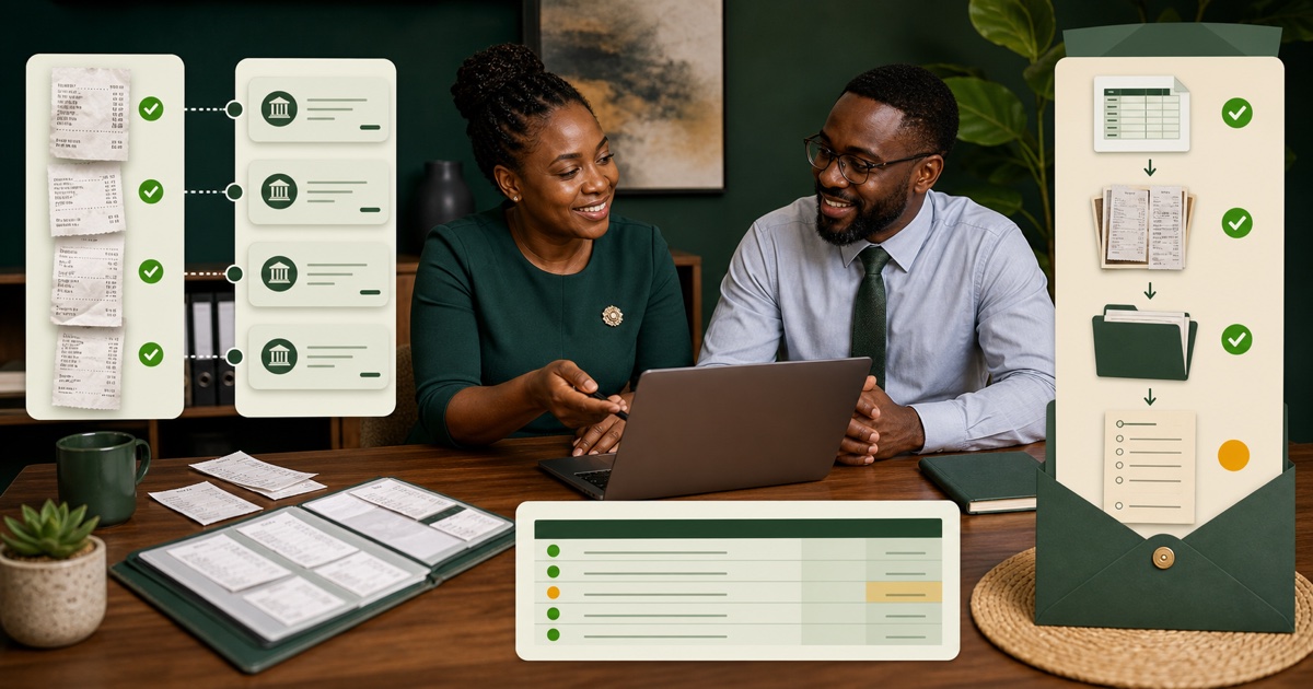A Kenyan business owner and accountant reviewing matched receipts, transactions and a tidy handover package.