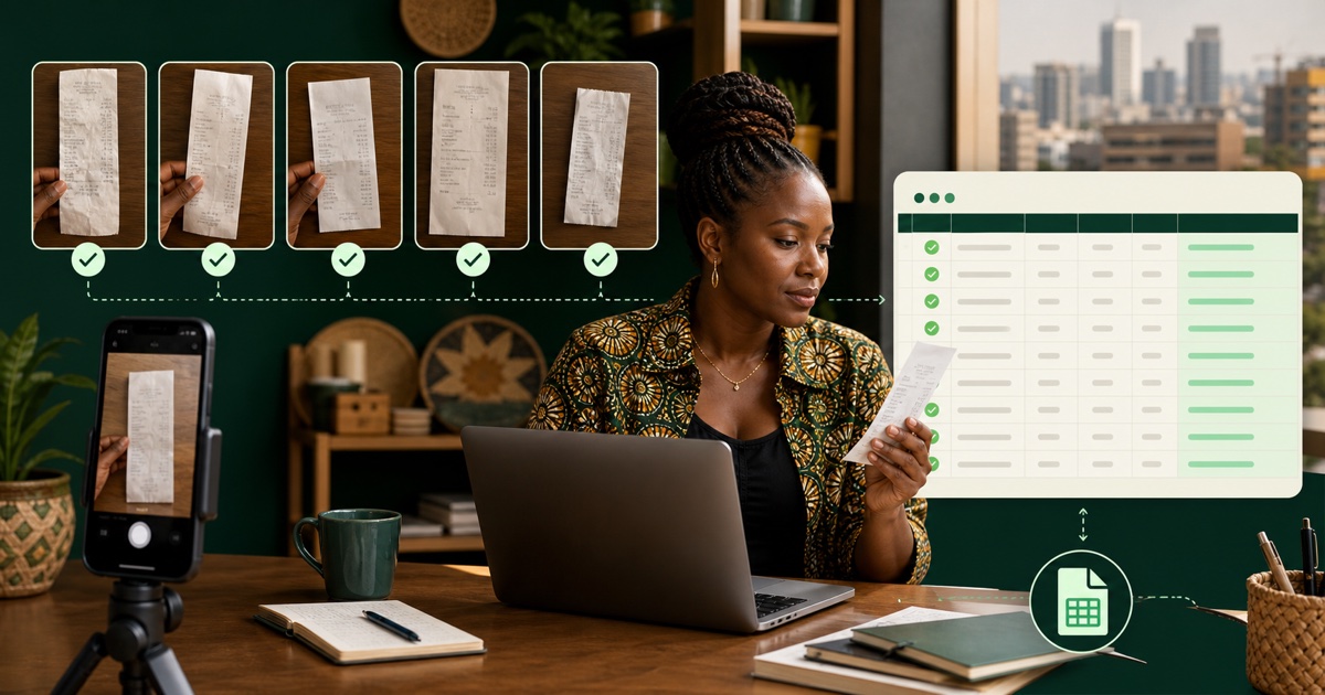 A Kenyan founder turning five receipt photos into structured expense rows and checking each field before export.